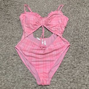 Pink plaid one piece bathing suit open back ruffles adjustable straps